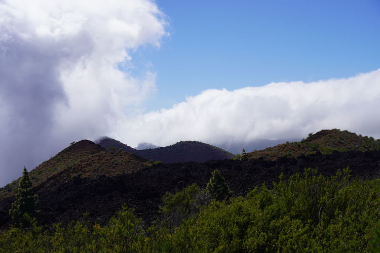 Panoramic view of land and mountains against sky