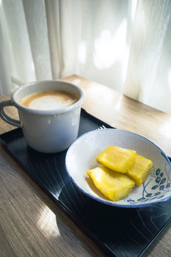 Close-up of breakfast on table