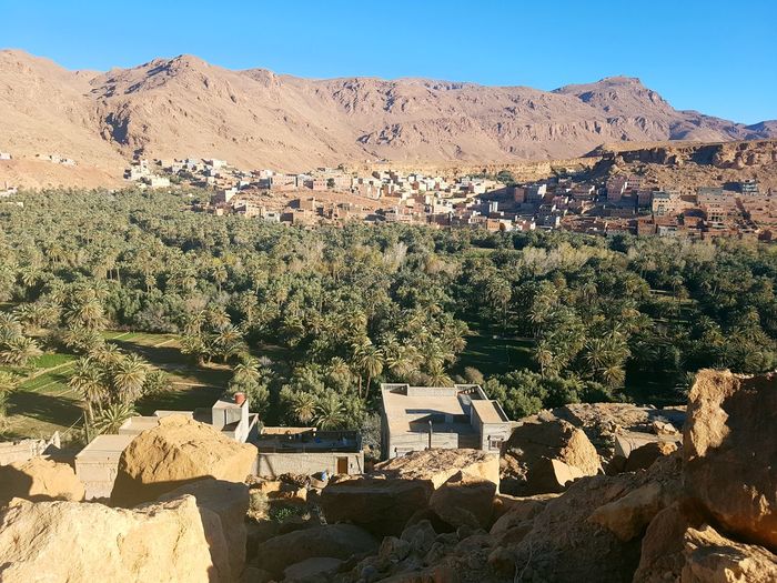 Panoramic view of trees and buildings against sky