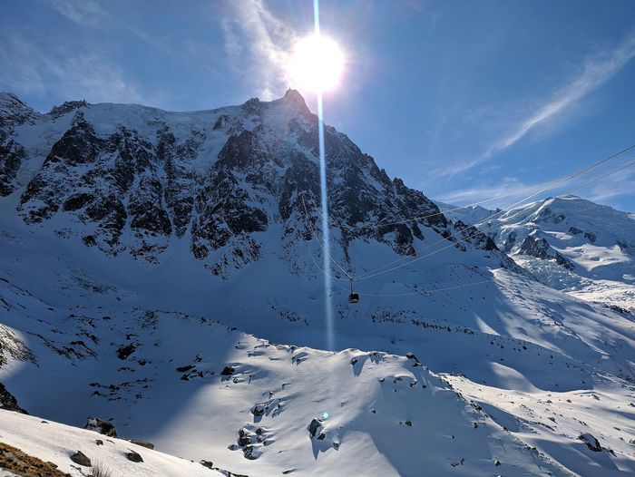 Scenic view of snow covered mountains against bright sun ,montblanc-france