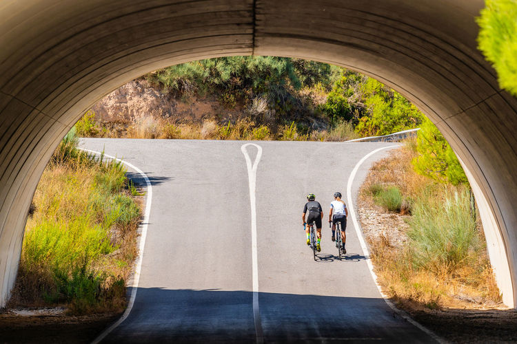 Full length back view of distant unrecognizable bicyclists in sportswear and helmets cycling together on asphalt roadway under arched bridge in summer countryside