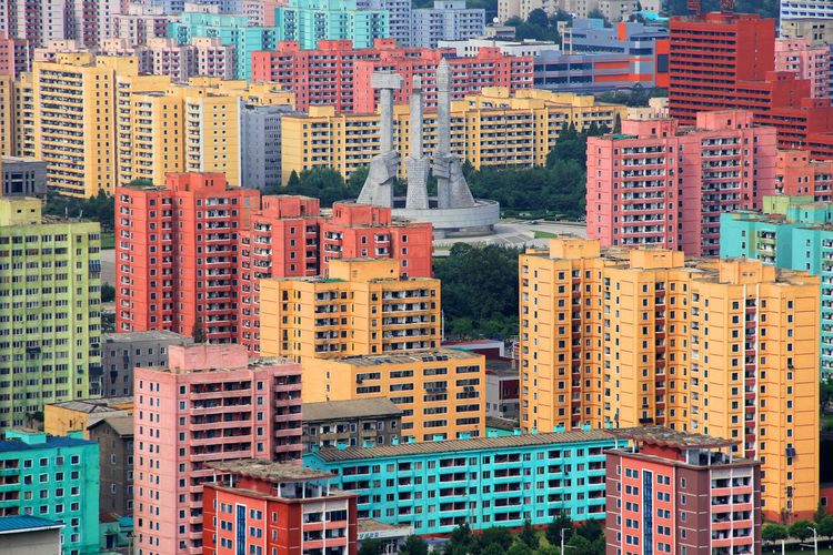 High angle view of buildings in city