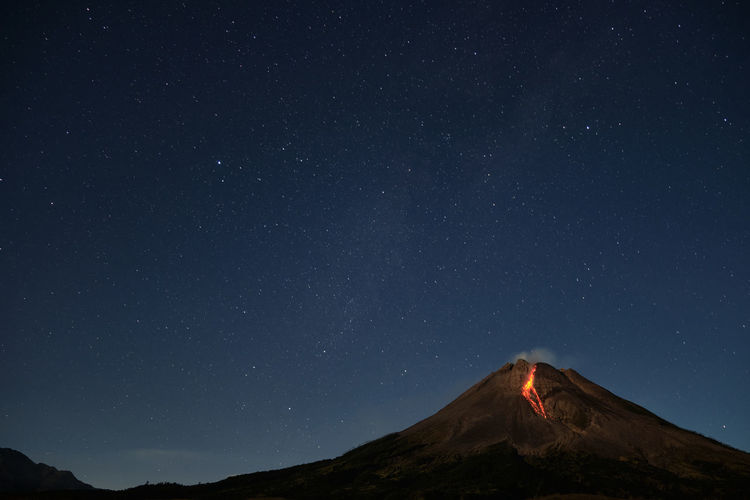 Mount merapi erupts with high intensity at night during a full moon, 