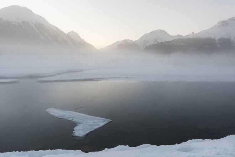 Scenic view of lake and snowcapped mountains against sky