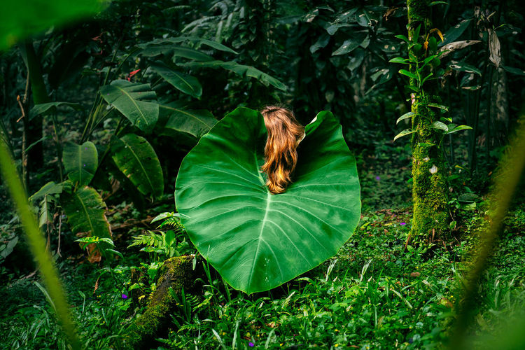 Woman hiding in the forest