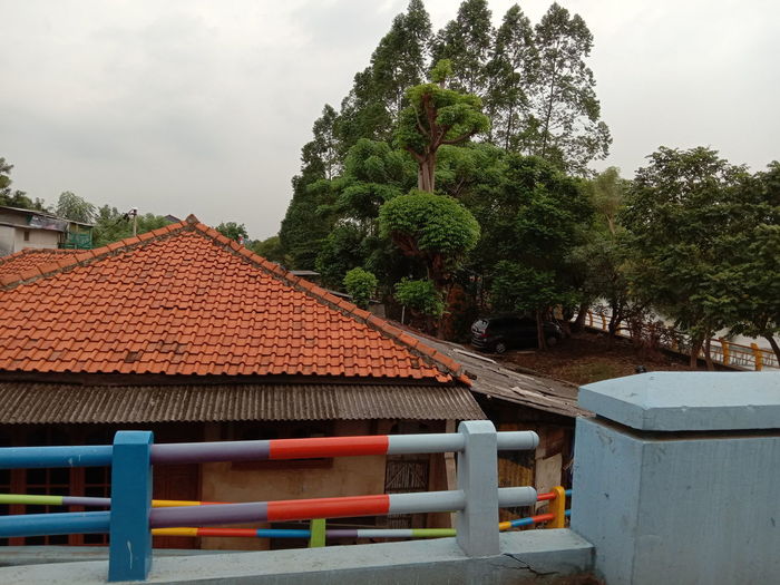 Houses and trees by building against sky