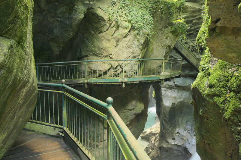 Footbridge over rocks amidst trees