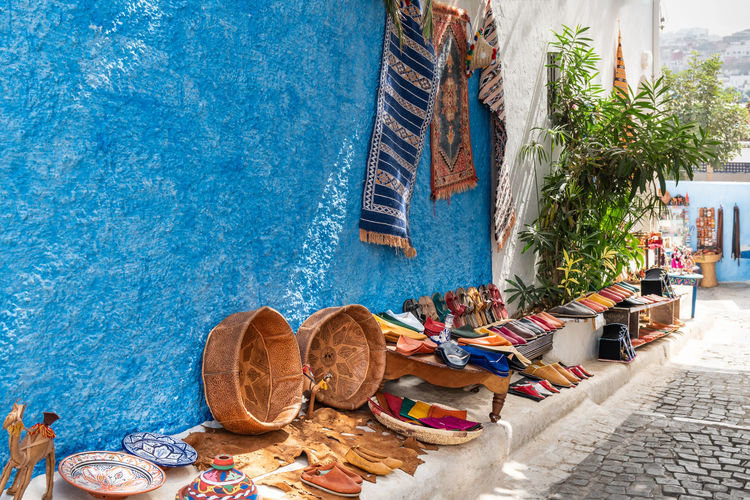 A street stall selling moroccan style handicrafts in rabat, morocco.