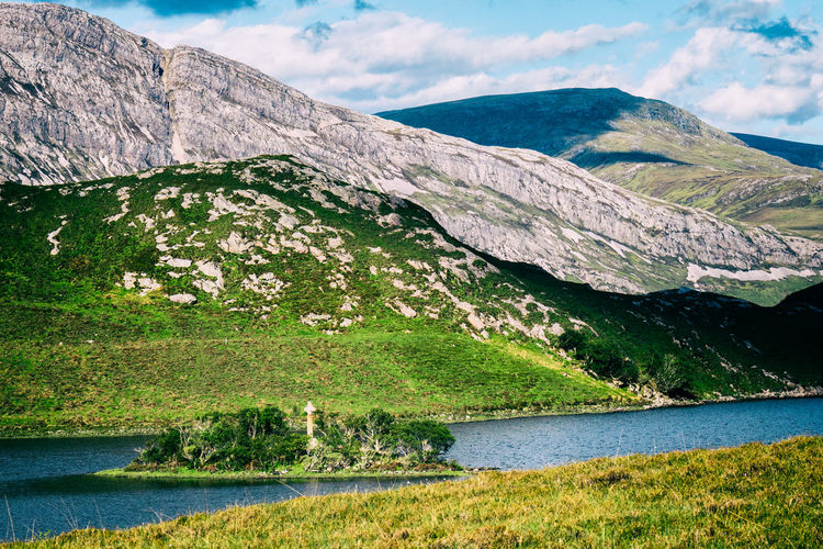 Scenic view of lake and mountains against sky