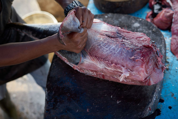 Midsection of person preparing fish