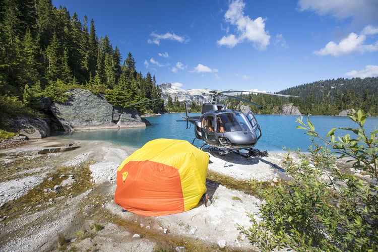 Helicopter patrons test out emergency shelter tent.
