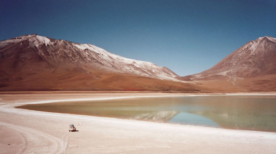 Scenic view of snowcapped mountains against clear sky