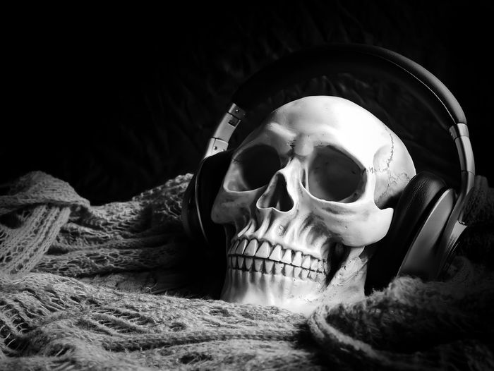 Close-up of skull with headphones on fishing net against black background