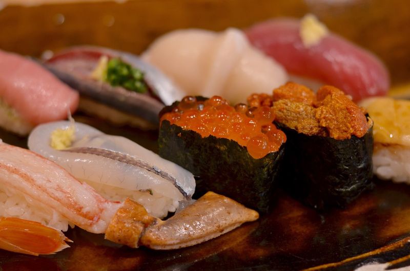 Close-up of sushi served in plate