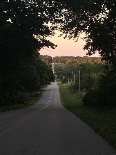 Empty road amidst trees against sky during sunset