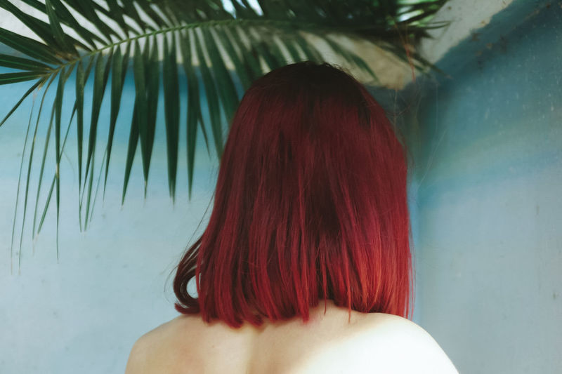 Rear view of shirtless woman with red hair