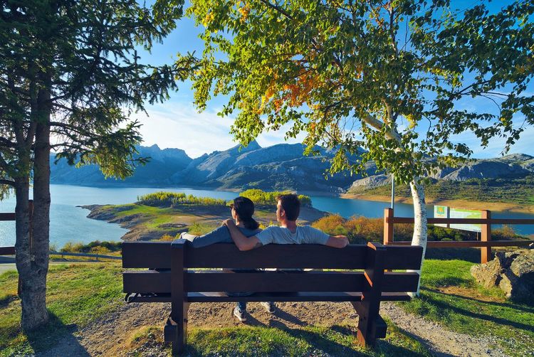 Rear view of couple sitting on bench by trees against mountains