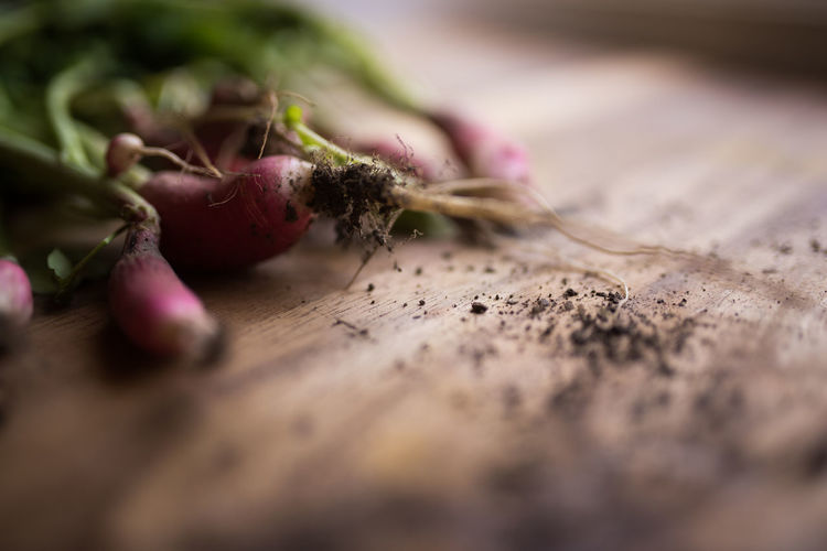 Close-up of radish roots on cutting board with dirt