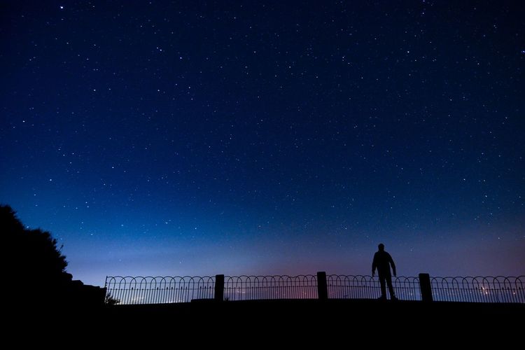Silhouette people standing against clear sky at night