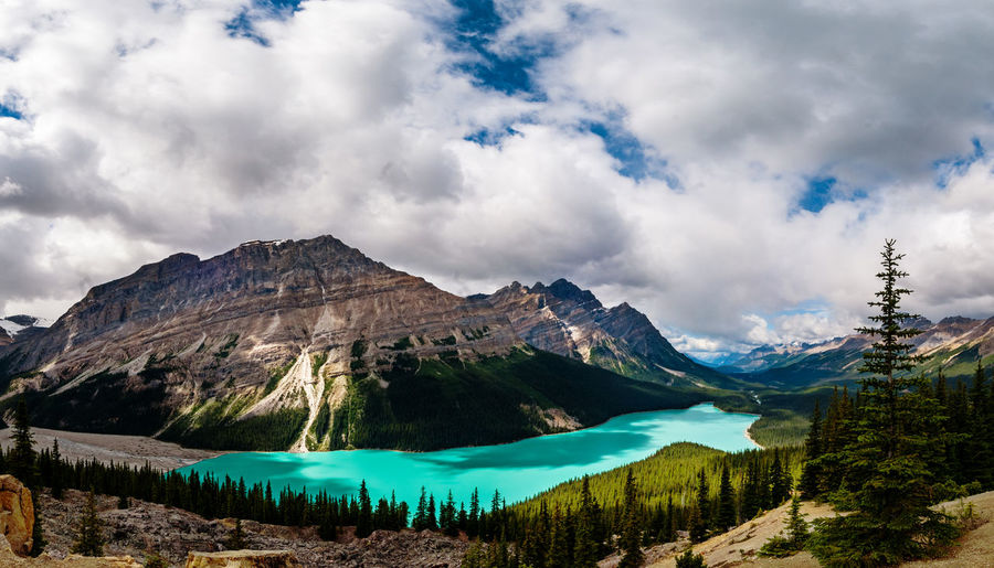 Panoramic view of lake and mountains against sky