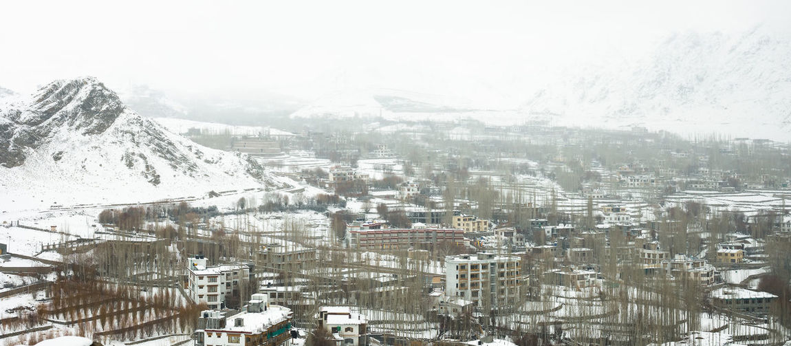 High angle view of city during winter
