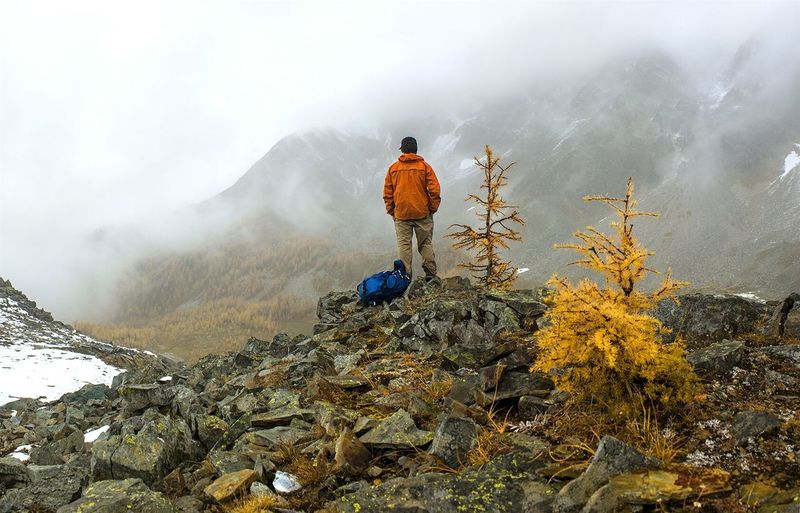Rear view of man on mountain during foggy weather