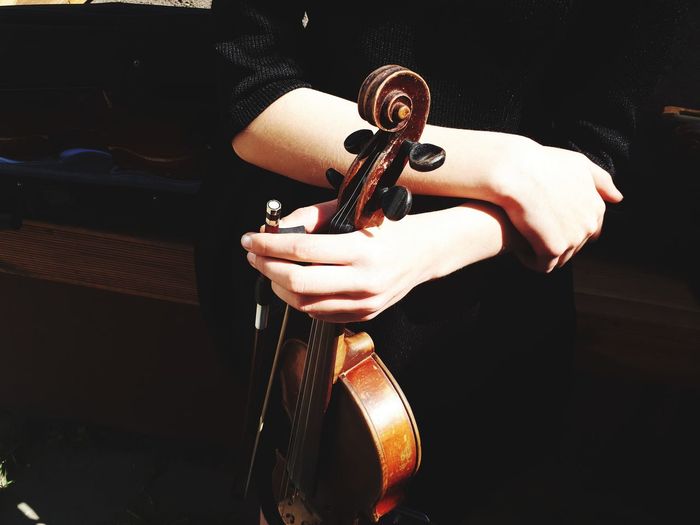 Midsection of musician holding violin