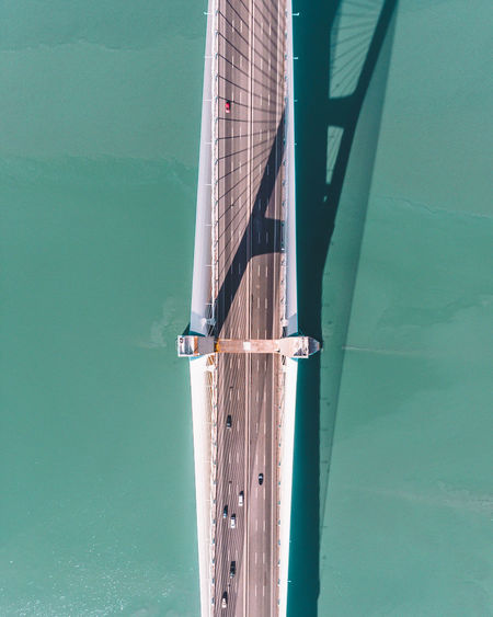 Aerial view of bridge over sea against sky