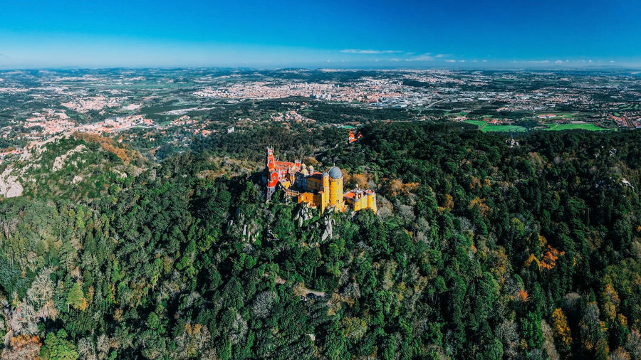 Aerial drone view of pena palace, a romanticist castle in the sintra mountains