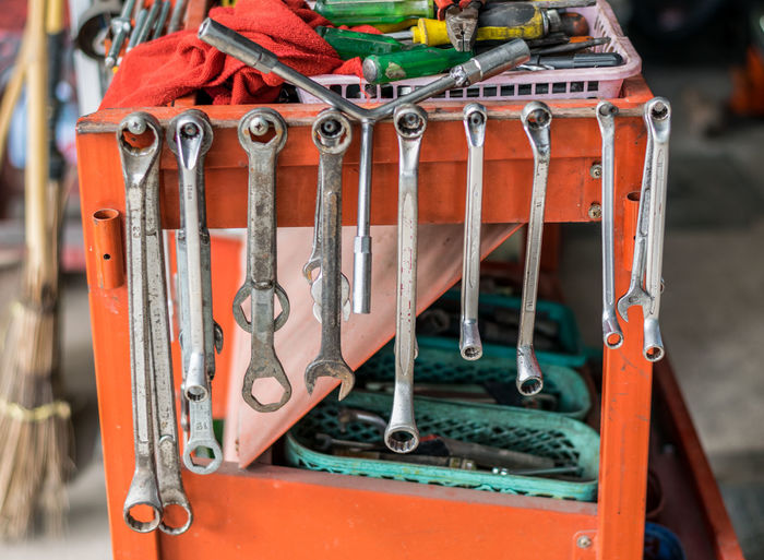 Close-up of work tools in workshop