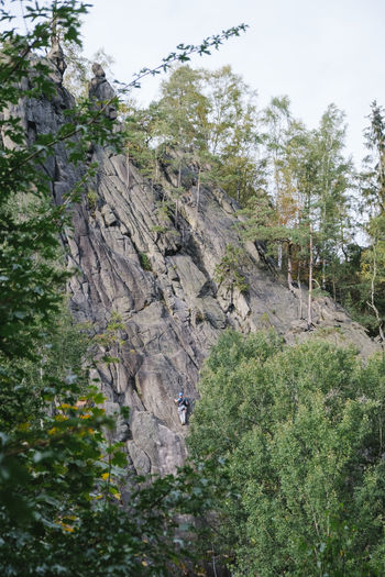 Low angle view of rocks with man climbing in forest against sky