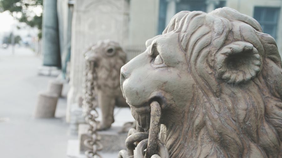 Close up of a metal lion sculpture decoration with a chain.