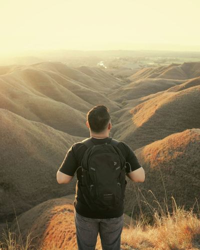 Rear view of hiker looking at mountains