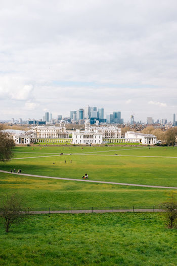 High angle view of grassy field against greenwich