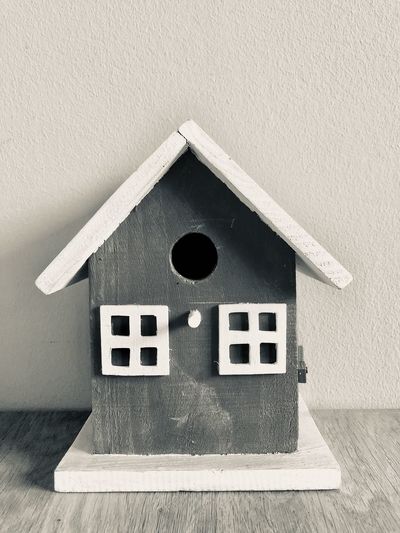Close-up of birdhouse on wall of building