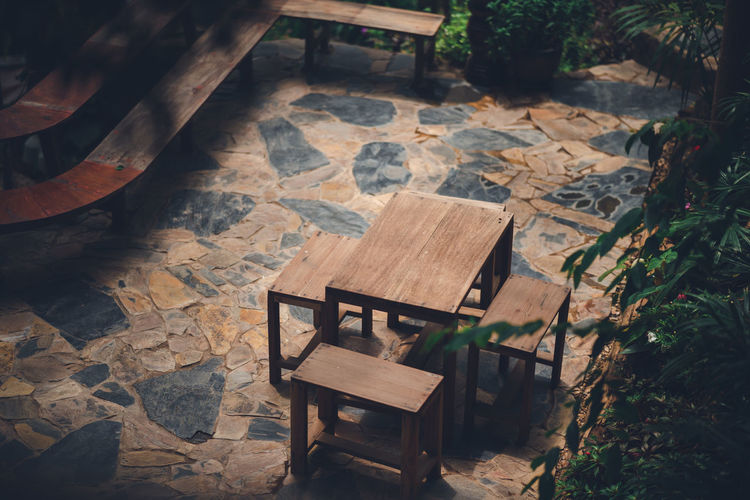 High angle view of empty chairs and table in yard