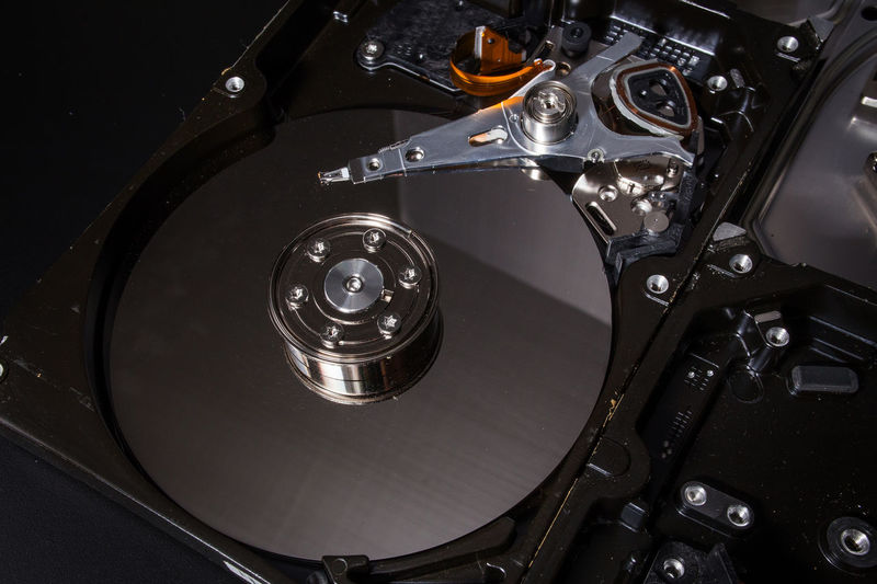 Close-up of open hard drive