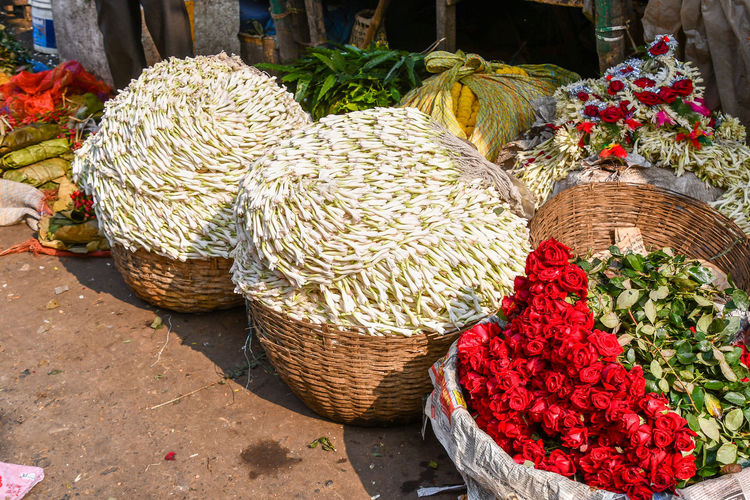 Close-up of flowers in basket for sale at market