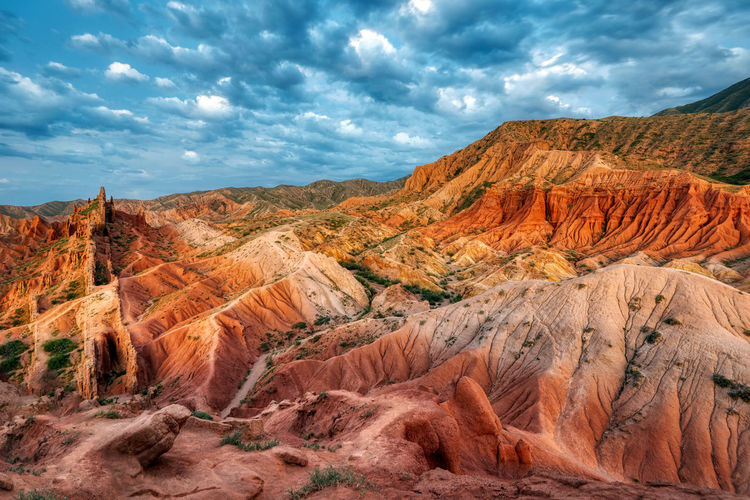 View of rock formations against cloudy sky