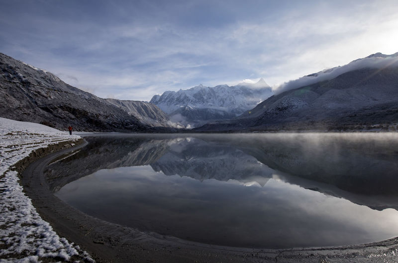 Scenic view of lake and mountains against sky