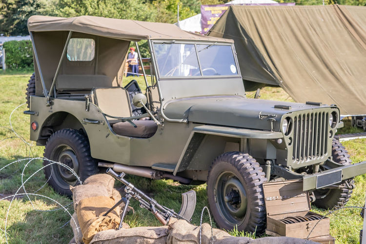  close up of a green off-road military jeep first manufactured and used in the nineteen forties