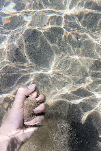 High angle view of hands on sand at beach