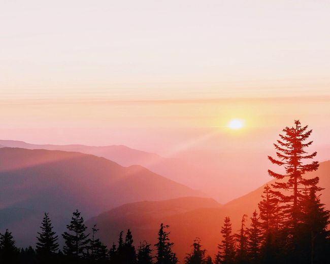 Scenic view of mountains with trees in foreground during sunset