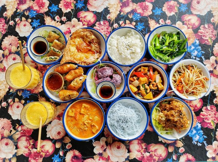 High angle view of meal served on table