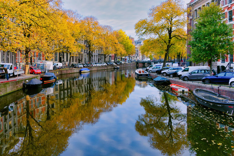 Boats moored in canal during autumn