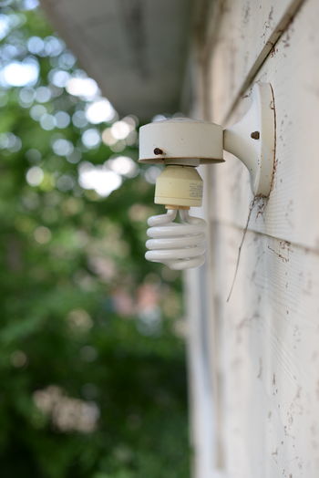 Close-up of energy efficient lightbulb attached on wall