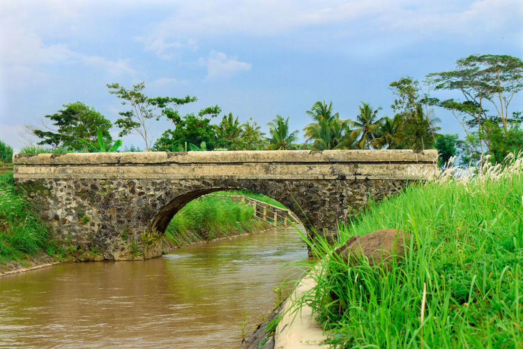 Arch bridge over river against sky