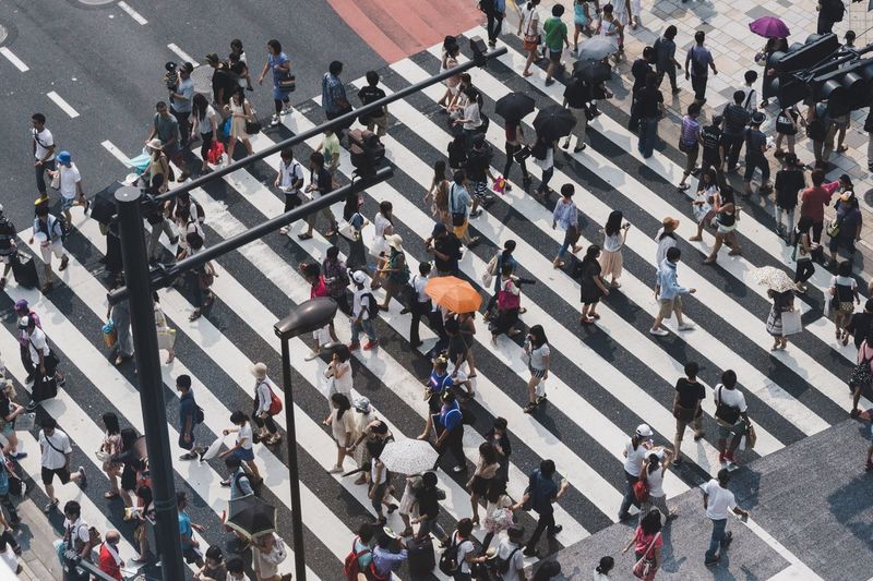 High angle view of crowd walking on zebra crossing