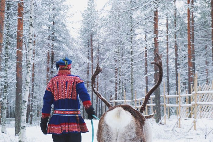 Rear view of man wearing traditional clothing walking with stag on field amidst bare trees during winter