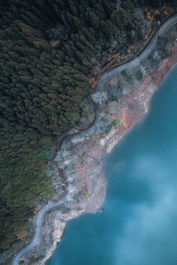 Aerial view of water flowing through rocks